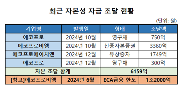 최근 자본성 자금 조달 현황. 에코프로 제공 [뉴스락]