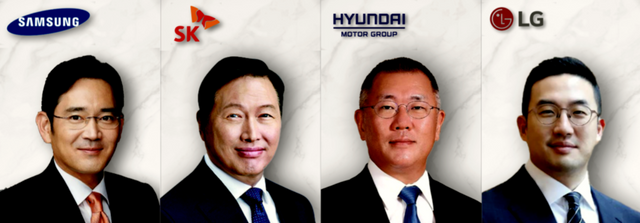 (왼쪽부터)&nbsp;이재용 삼성그룹 회장, 최태원 SK그룹 회장, 정의선 현대자동차그룹 회장, 구광모 LG그룹 회장. 각 사 제공 [뉴스락 편집]