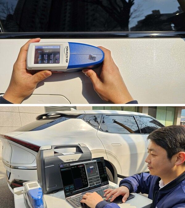 칼라나비플러스로 자동차 외장을 측색하는 모습(위), 측색 후 색상 데이터를 확인하는 모습(아래). 사진 KCC [뉴스락]