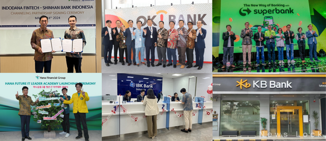 (왼쪽 상단부터 시계방향으로) △신한인도네시아 본점에서 업무협약을 진행하고 있다 △2019년 OK뱅크인도네시아 합병식 △'슈퍼뱅크'가 공식 런칭 행사를 진행했다&nbsp;△인니에서 진행된 하나금융 청년 IT 아카데미 출범식&nbsp;△인니에 위치한 영업부에서 업무를 진행하고 있다&nbsp;△국민은행 인니 법인인 KB뱅크 전경사진. 자료 각사 제공 [뉴스락 편집]