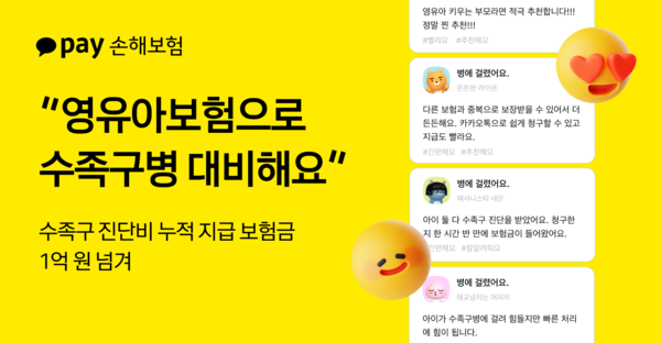카카오페이손해보험은영유아보험 가입자 중 수족구 진단비로 돌려받은 누적 보험금이 출시 1년 만에 1억 원을 넘어섰다고 밝혔다. 카카오페이손해보험 제공 [뉴스락]