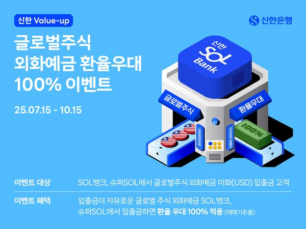 신한은행은 10월 15일까지 3개월간 외화예금 USD 월 30달러 한도 100% 환율우대를 제공한다. 신한은행 제공 [뉴스락]