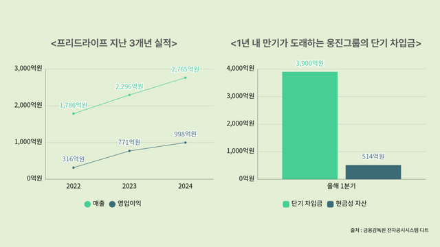 (좌)프리드라이프 3개년 실적, (우)웅진그룹 단기차입금과 현금성 자산 표. 출처 : 금융감독원 전자공시시스템&nbsp; [뉴스락 편집]