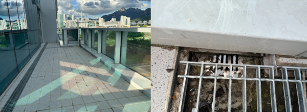 A동 5층 테라스는 비교적 넓었다. 하지만 그 곳에는 손바닥 크기의 배수구 두 개만 있었다. 사진=김도연 기자 [뉴스락]