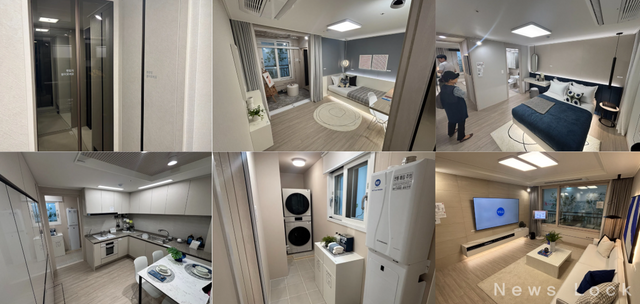 (왼쪽 위부터) 59C 타입에는 신발장 두 개와 팬트리를 구비했다. 바로 오른쪽에는 아이들 방으로 쓰기 좋은 방이 하나 구비 돼 있고, 주방은 분리형에 안쪽에는 발코니 형식으로 세탁실이 구비 돼 있다. 거실 역시 넓어서 가족끼리 둘러 앉아 이야기를 나누기 좋아보인다. 사진=김도연 기자