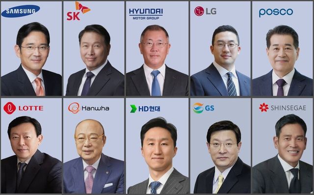 (왼쪽위부터) 이재용 삼성그룹 회장, 최태원 SK그룹 회장, 정의선 현대자동차그룹 회장, 구광모 LG그룹 회장, 장인화 포스코홀딩스 회장, 신동빈 롯데그룹 회장, 김승연 한화 회장, 정기선 HD현대 수석부회장, 허태수 GS그룹 회장, 정용진 신세계그룹 회장 [뉴스락편집]