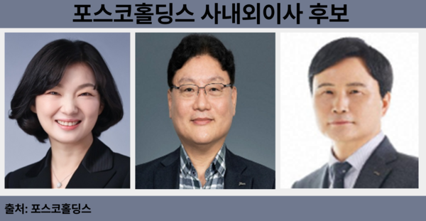 포스코홀딩스 사내외이사 후보. (왼쪽부터) 김주연 SK이노베이션 사외이사, 정석모 포스코홀딩스 사업시너지본부장, 이희근 포스코 대표이사 사장. [뉴스락 편집]