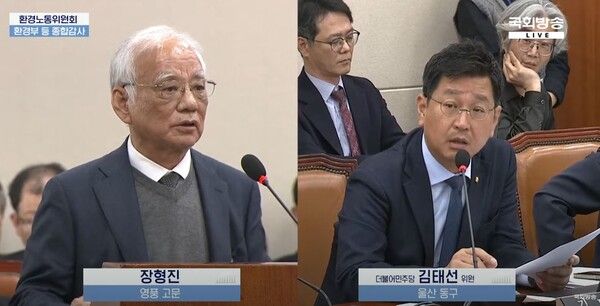 국회 환경노동위원회에 증인으로 출석한 장형진 영풍 고문(왼쪽)이 김태선 더불어민주당 의원(오른쪽)의 질의에 답하고 있다. 사진 국회방송 캡처 [뉴스락]
