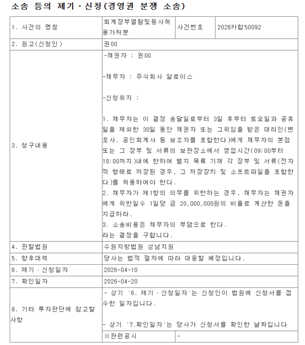 알로이스 전자공시.