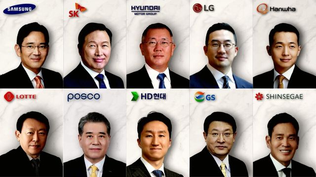 (왼쪽위부터) 이재용 삼성그룹 회장, 최태원 SK그룹 회장, 정의선 현대자동차그룹 회장, 구광모 LG그룹 회장, 김동관 한화그룹 부회장, 신동빈 롯데그룹 회장, 장인화 포스코홀딩스 회장, 정기선 HD현대 회장, 허태수 GS그룹 회장, 정용진 신세계그룹 회장 [뉴스락편집]