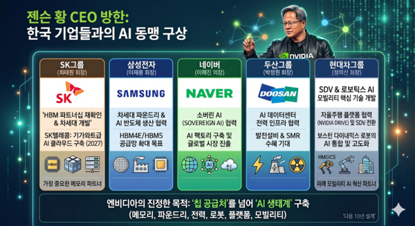 젠슨 황 엔비디아 CEO 방한과 국내 주요 그룹(SK·삼성·네이버·두산·현대차) AI 동맹 구상도. 제미나이 이미지 생성 [뉴스락]