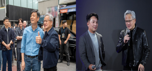 지난 7일 젠슨 황 엔비디아 CEO가 김택진 엔씨소프트 대표, 장병규 크래프톤 의장과 잇달아 회동을 가졌다. 사진 왼쪽은 장병규 크래프톤 의장과 젠슨 황 CEO, 오른쪽은 김택진 엔씨소프트 대표와 젠슨 황 CEO. 사진=각 사 제공 [뉴스락 편집]