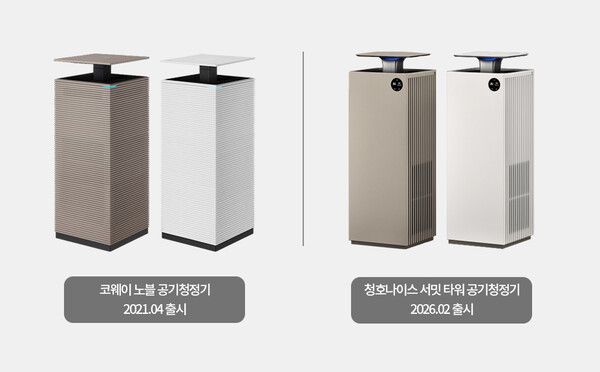 코웨이 노블 공기청정기와 청호나이스 서밋타워 공기청정기 비교. 코웨이 제공 [뉴스락]