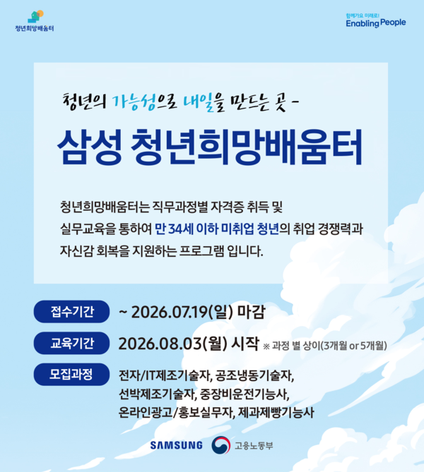 삼성이 청년 직무교육 프로그램 '청년희망배움터'를 신설하고&nbsp;7월 19일까지 교육생을 모집한다. 삼성전자 제공 [뉴스락]