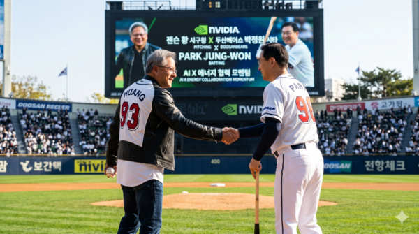 4일 두산베어스에 따르면 오는 7일 잠실야구장에서 열리는 키움 히어로즈와의 정규시즌 홈경기에서 젠슨 황 엔비디아 CEO가 시구를, 박정원 두산그룹 회장이 시타를 진행한다. 사진=제미나이 이미지 생성 [뉴스락]