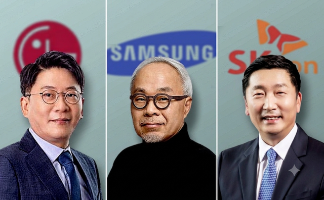 (왼쪽부터) 김동명 LG에너지솔루션 대표, 최주선 삼성SDI 대표, 이용욱 SK온 대표. 사진 각 사 제공, AI 이미지 생성