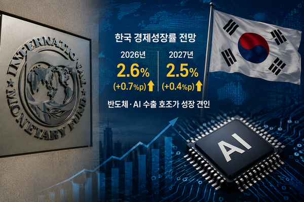 국제통화기금(IMF)이 한국의 2026년 경제성장률 전망치를 2.6%로 상향 조정하며 반도체와 AI 수출 경쟁력을 주요 성장 동력으로 평가했다. 챗GPT 이미지 생성 [뉴스락]