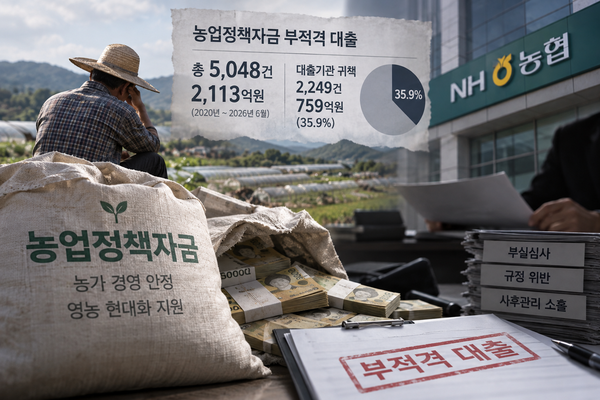 농가 경영 안정과 영농 현대화를 위해 지원되는 농업정책자금 가운데 최근 6년여간 2100억원이 넘는 부적격 대출이 적발된 것으로 나타났다. 사진 AI이미지생성 [뉴스락]