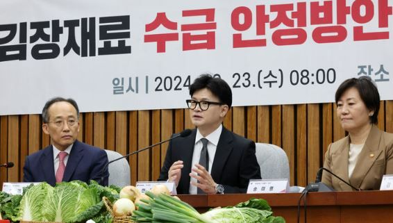 국민의힘 한동훈 대표가 23일 오전 서울 여의도 국회에서 열린 김장재료 수급 안정방안 민당정 협의회에서 발언하고 있다. [사진출처=뉴시스]<br>