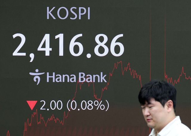 지난 15일 서울시 중구 하나은행 딜링룸 전광판에 코스피 지수가 표시되고 있다. 코스피는 15일 전 거래일보다 2.00포인트 내린 2416.86에 장을 마감했다. [사진제공=뉴시스]