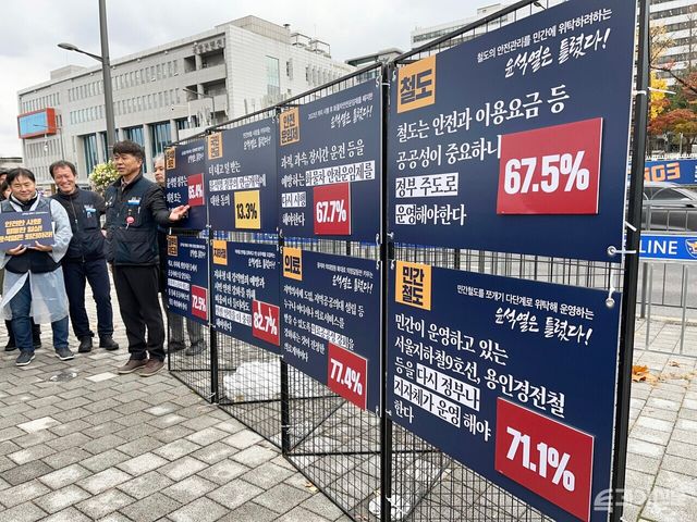 전국민주노동조합총연맹 전국공공운수사회서비스노조 산하 4개 사업장 노동조합이 26일 용산 대통령실 인근에서 공동파업·투쟁 돌입 기자회견을 마친 후 퍼포먼스를 선보이고 있다. ⓒ투데이신문