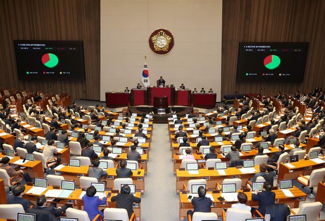 26일 여의도 국회 제 420회 본회의에서&nbsp;초·중등교육법 일부개정법률안이&nbsp;찬성 178표·반대 93표·기권 5표로 가결된 표결 결과가 나타나 있다. [사진제공=뉴시스]