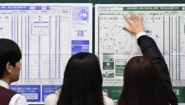 2025학년도 대학수학능력시험 성적표가 배부된 6일 경기도 수원 소재 한 고등학교 3학년 교실에서 학생들이 전국대학 지원 참고표를 보고 있다. [사진제공=뉴시스]<br>