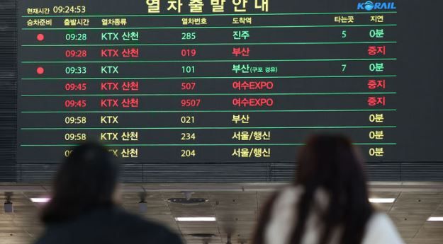 전국철도노동조합의 무기합 파업 이틀째인 지난 6일 서울역 전광판에 중지라고 표시되어 있다.&nbsp; [사진출처=뉴시스]<br>