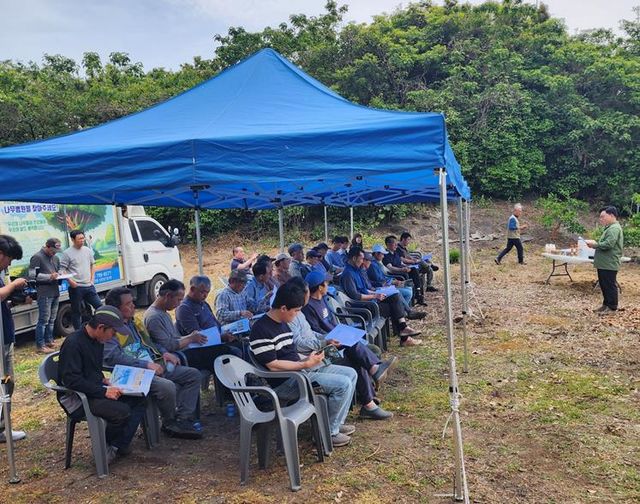수목나무병원&nbsp;박치관 원장이 주도해&nbsp;감귤나무 수지병 관리 교육을 진행하고 있다. [사진제공=수목나무병원]&nbsp;<br>