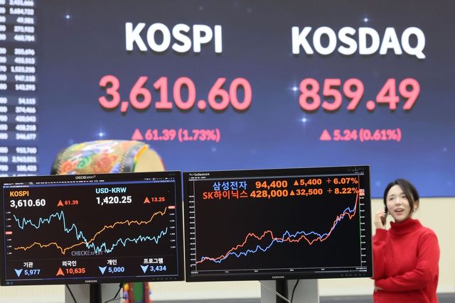 10일 오후 서울 영등포구 여의도 한국거래소 모니터에 SK하이닉스와 삼성전자 종가가 나타나고 있다. [사진=뉴시스]