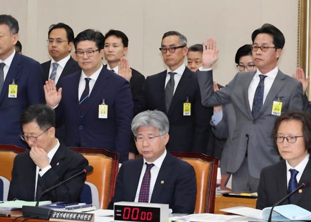 국감 질의를 앞두고 선서 중인 김병주 MBK 회장과 조좌진 롯데카드 대표 [사진=뉴시스]