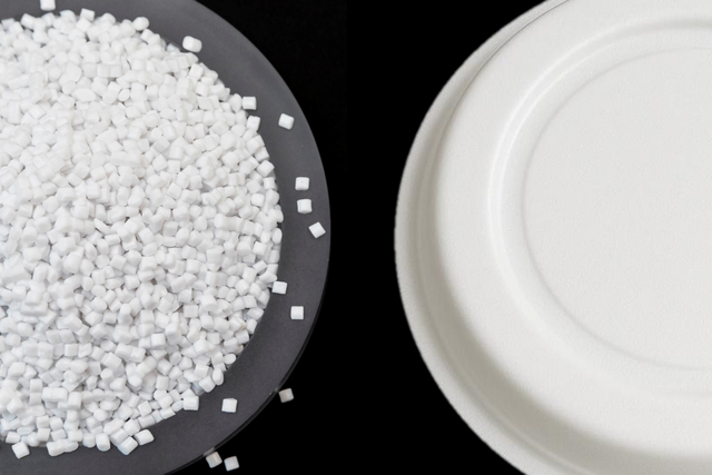 롯데케미칼이 상용화한 접착성 소재(왼쪽)와 식품 포장용기(오른쪽) 모습. [사진=롯데케미칼]