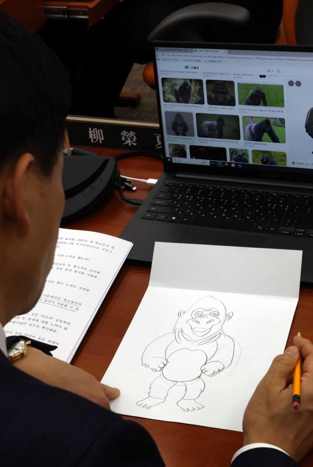 국민의힘 유영하 국민의힘 의원이 지난 27일 오후 서울 여의도 국회 정무위원회에서 열린 국정감사에서 고릴라 그림을 그리고 있다. [사진제공=뉴시스]