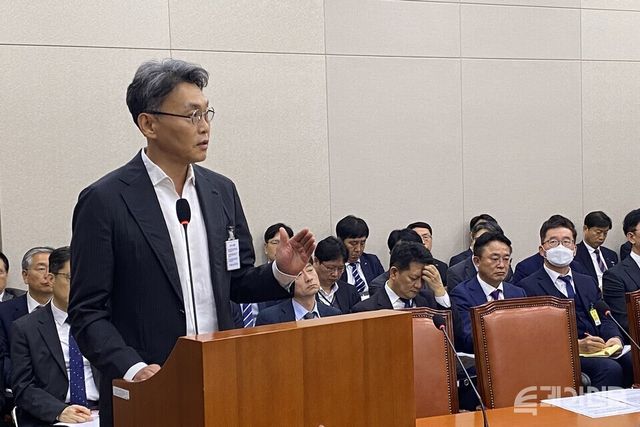 29일 오후 진행된 국회 산업통상자원중소벤처기업위원회 국정감사에서 CGI 조영수 대표이사의 반박에 한화솔루션 남정운 대표이사가 조 대표를 응시하고 있다. ⓒ투데이신문