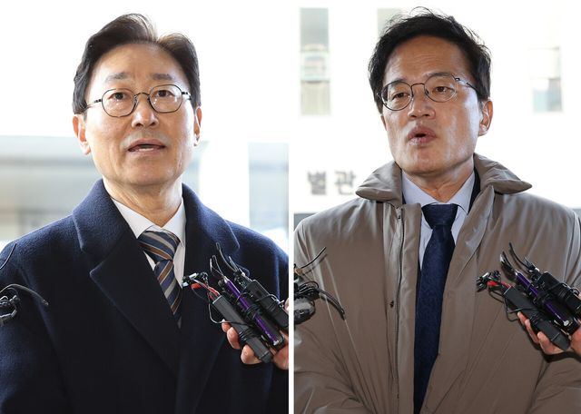 더불어민주당 박범계(왼쪽), 박주민 의원이 28일 서울 양천구 서울남부지방법원에서 진행된 국회 ‘패스트트랙 충돌’ 사건 관련 결심공판에 각각 출석하며 취재진의 질의에 응하고 있다. [사진제공=뉴시스]<br>