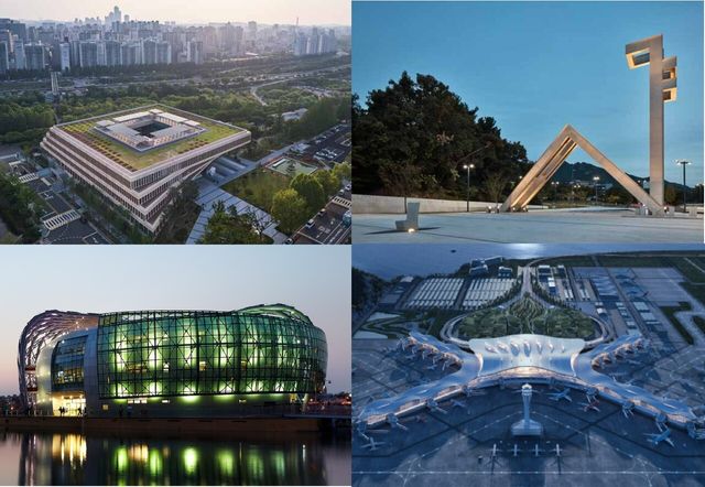 해안종합건축사사무소가 설계한 건축물 조감도. 왼쪽 상단부터 시계방향으로 국회의사당 소통관, 서울대학교 정문, 가덕도 신공항 여객터미널, 세빛섬. [사진=해안종합건축사사무소]