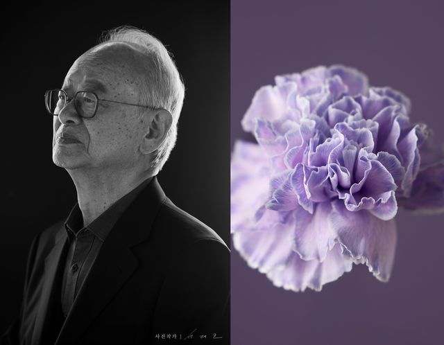 서대호 사진작가가 포착한 이부영 동아자유언론수호투쟁위원회(동아투위) 위원장의 초상. 깊게 패인 주름에는 1974년 강제 해직 이후 50년 넘게 언론 자유를 지키기 위해 견뎌온 시간의 무게가 고스란히 담겼다. 사진과 함께 배치된 보라색 카네이션은 기품과 자유를 상징하며, 민주주의와 진실을 향한 그의 삶에 대한 헌사의 의미를 더한다. 이번 기획은 자유언론을 위해 헌신한 이들의 기억을 기록하고, 자유를 지켜낸 이들 앞에서 우리 사회가 건네야 할 책임과 용서를 돌아본다.
