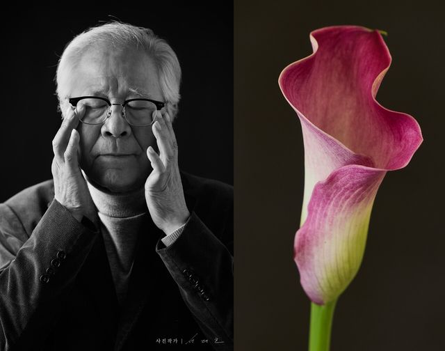 서대호 사진작가가 포착한 동아투위 양한수 위원의 초상. 굳게 다문 입술과 깊게 팬 주름 사이에는 1974년 자유언론실천선언 이후 해직의 시간을 건너온 한 언론인의 시간이 스며들어 있다. 그는 반세기 가까운 세월 동안 진실을 향한 책임을 내려놓지 않았다. 사진 곁에 놓인 한 송이 ‘칼라 릴리’(Calla Lily)는 ‘열정’을 뜻하는 꽃말처럼 권력의 억압 속에서도 질문을 멈추지 않았던 그의 삶과 자유언론을 향한 꺼지지 않은 의지를 상징한다. 이번 기획은 해직 언론인들의 기억을 현재로 불러내 자유를 지켜낸 이들 앞에서 우리 사회가 아직 답하지 못한 사과와 책임의 의미를 다시 묻는 시간이다. ⓒ서대호 작가