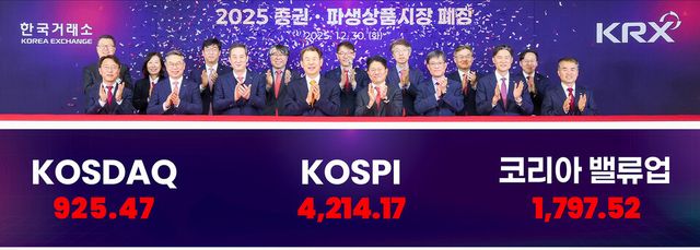 30일 한국거래소 부산 본사에서 열린 ‘2025년 증권·파생상품시장 폐장식’에 참여한 한국거래소 정은보 이사장(정가운데)이 임원들과 함께 종가 지수를 바탕으로 기념 촬영을 하고 있다. [사진=한국거래소]