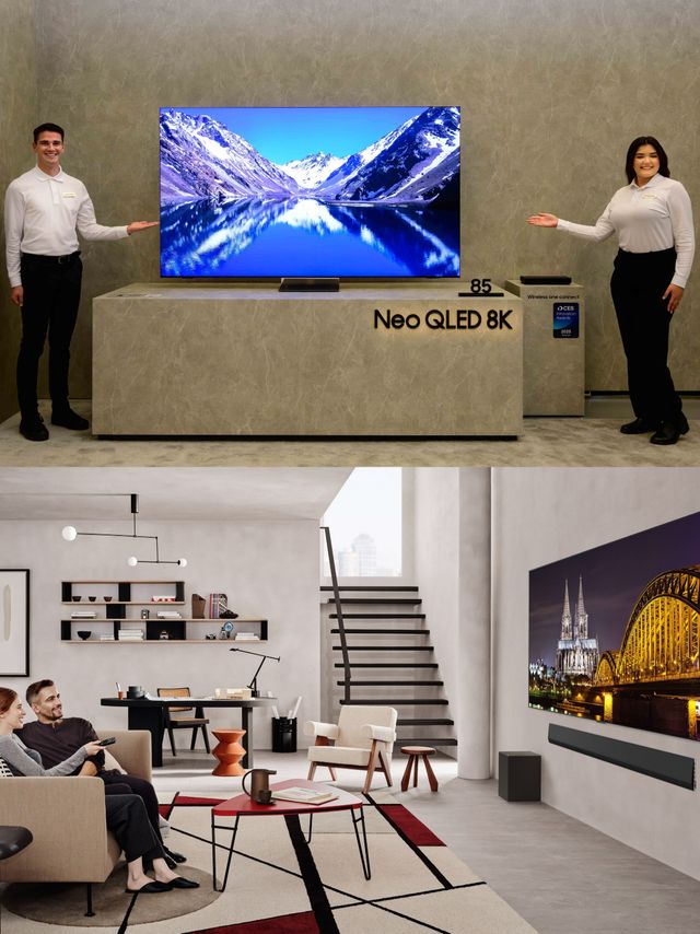 삼성전자 모델(위)과 LG전자 모델(아래)이 각각 2025년형 Neo QLED 8K와 올레드 에보를 소개하고 있다. [사진=삼성전자·LG전자]