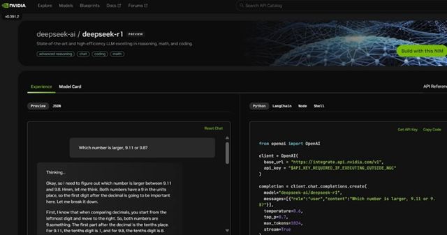 딥시크 R1 모델과 함께 작동하는 엔비디아 NIM 마이크로서비스 [사진=엔비디아코리아]