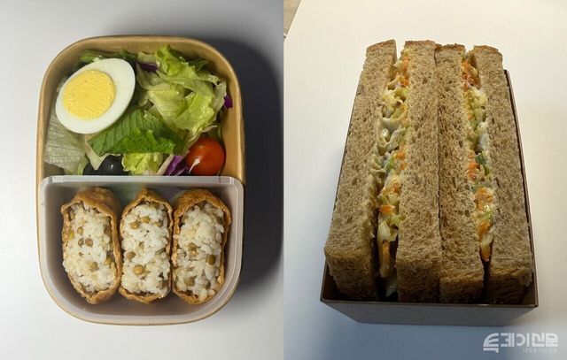 (왼쪽부터) 세븐일레븐이 정희원 교수와 공동 개발해 판매하고 있는 ‘렌틸콩 유부초밥&에그 샐러드’와&nbsp;‘닭가슴살 잡곡샌드’&nbsp;ⓒ투데이신문