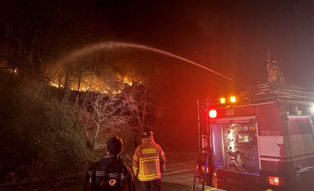 지난 27일 전북 무주군 부남면의 한 주택에서 발생한 화재가 인근 산으로 번지자 소방관들이 화재를 진압하고 있는 모습. [사진제공=뉴시스]<br>