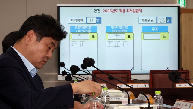 지난해 7월 12일 새벽 세종시 정부세종청사에서 2025년도 적용 최저임금이 결정된 표결 결과가 화면에 띄워져 있다. [사진제공=뉴시스]