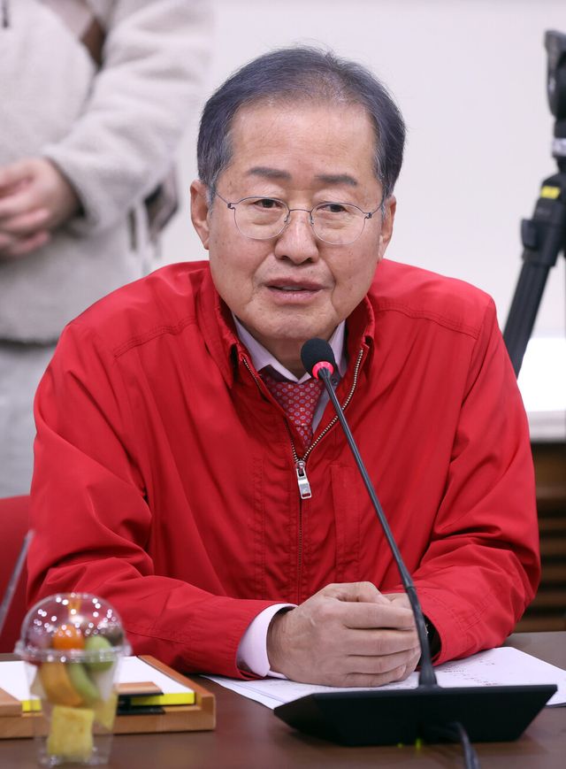 홍준표 대구시장이 지난 2023년 3월 20일 오후 대구시청(산격청사) 대회의실에서 열린 ‘국토교통부-대구광역시 국가산단 및 균형발전 현안 회의’에 참석해 발언하고 있다.&nbsp;[사진출처=뉴시스]