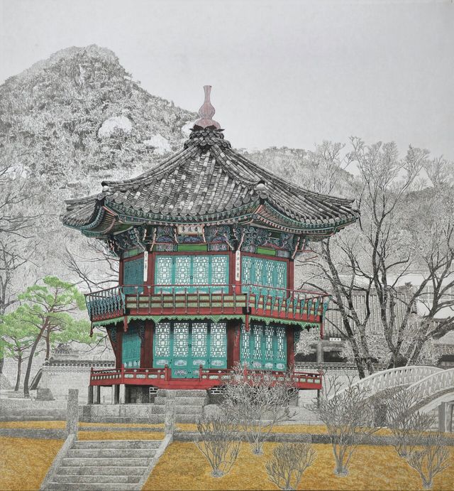 경복궁 향원정, 2023,&nbsp;162cmx130cm, 화선지. 수묵담채 ⓒ안중갑<br>
