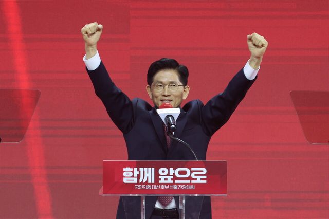 &nbsp;3일 경기 고양 킨텍스에서 열린 국민의힘 대선 후보 선출 전당대회에서 대선 후보로 선출된 김문수 후보가 수락연설을 하고 있는 모습. [사진제공=뉴시스]<br>