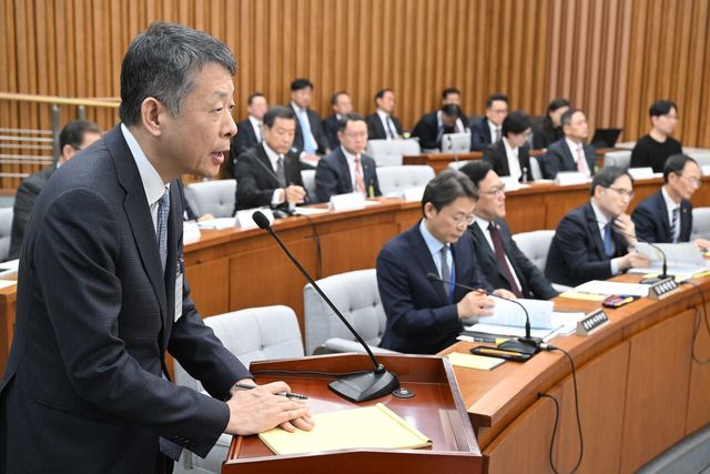 MBK 파트너스 김광일 부회장이 지난 3월 여의도 국회에서 열린 정무위원회 홈플러스·MBK 파트너스 및 삼부토건 긴급 현안질의 현장에서 질의에 답변하고 있는 모습. [사진=뉴시스]