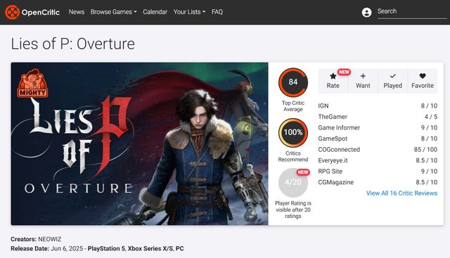 네오위즈 PC·콘솔 액션 RPG ‘P의 거짓: 서곡’의 오픈크리틱 평점 [사진=네오위즈]