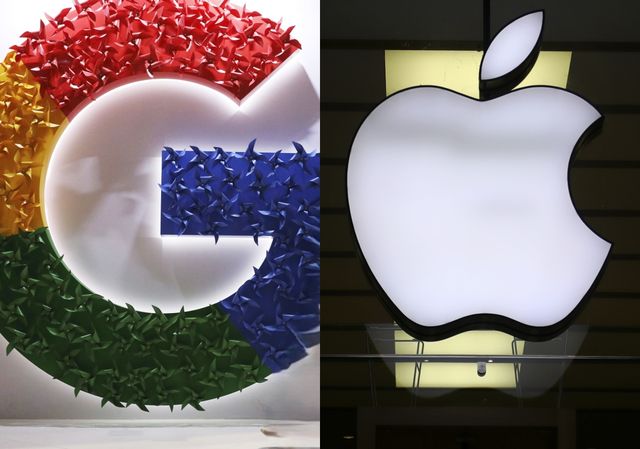 중국 상하이의 한 박람회에 전시된 구글 로고(왼쪽)와 독일 뮌헨의 한 매장에 있는 애플 로고 [사진=AP/뉴시스]